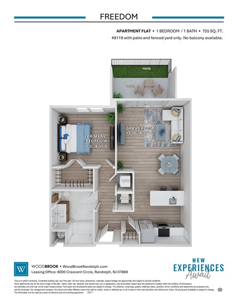 A floor plan for a 1 bedroom apartment with a balcony.
